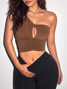 Sirith Solid Color One Shoulder Hollow Out Cropped Sports Tank Top - Coffee Brown - View 4