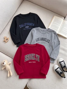 SHEIN Playful Pals 3件裝字母印花圓領長袖T恤，精緻有意義的字母印花，活潑有趣，舒適柔軟面料，適合日常穿著、學校、運動、居家等多種場合 - 彩色 - 查看 4