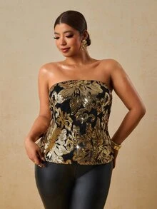 Travachic Plus Size Women's Floral Sequin Fashion Tube Top - Gold - View 3