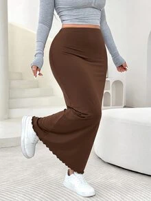 Solflare Plus Size Women's Solid Color Casual Versatile Daily Wear Skirt Fall - Brown - View 4