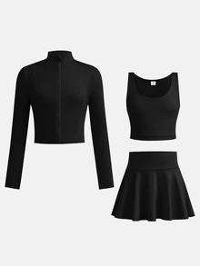 SHEIN 兒童青少年女孩秋冬時尚休閒純色藍色長袖立領拉鍊上衣背心迷你裙褲三件套 返校季 - 黑色 - 查看 6