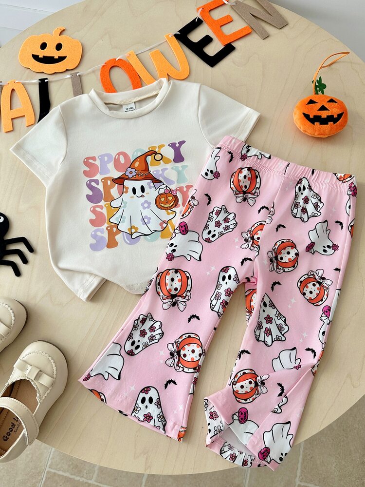 SHEIN Playful Pals 2pcs/Set Baby Girl Casual Cute Halloween Ghost Pumpkin Pattern Short Sleeve Round Neck T-Shirt And Elastic Waist Flare Long Pants Outfit, Girls Halloween Costume, Infant Halloween Outfit - Multicolor - View 8