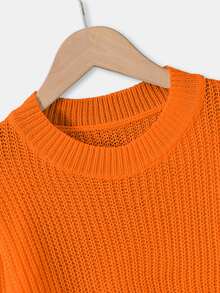 SHEIN Tween Girl Solid Color Crew Neck Long Sleeve Casual Sweater - Orange - View 3