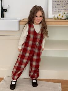 Dazy Kids Young Girls' Plaid Sleeveless Loose Red Autumn/Winter Brushed Fleece Jumpsuit - Brown - View 6