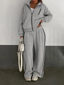 SHEIN LUNE Setelan Olahraga Kasual Longgar Kerah Tegak Terbaru untuk Wanita, Cocok untuk Sehari-hari, Bepergian, dan Berolahraga - Grey - View 1