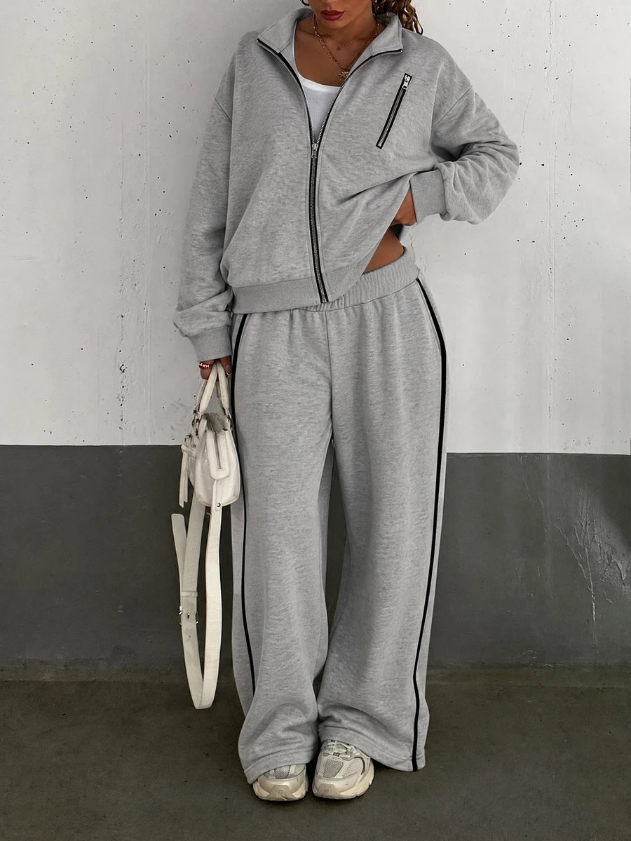 SHEIN LUNE Setelan Olahraga Kasual Longgar Kerah Tegak Terbaru untuk Wanita, Cocok untuk Sehari-hari, Bepergian, dan Berolahraga - Grey - View 1