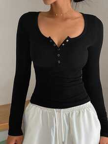 DAZY Women's Minimalist Button Half-Placket Long Sleeve T-Shirt For Daily Wear Fall - Black - View 5