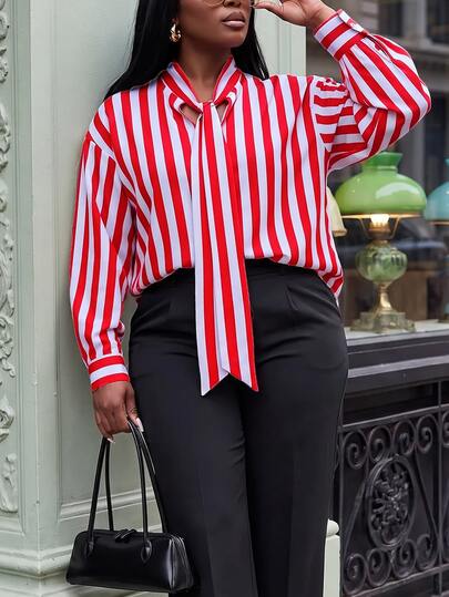 Slaydiva Spring Early Autumn New Style Commute Casual, Modern, Daily Street, Date, Holiday, Party, Teacher, School, Back To School Occasions Loose Red & Blue Striped Tie-Neck Knot Long Sleeve Shirt-Style Plus Size Women's Blouse-Z