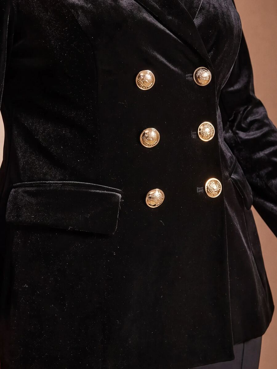 MOTF PREMIUM PLUS SIZE WOMEN'S AUTUMN/WINTER VELVET DOUBLE-BREASTED FITTED BLAZER - Black - View 2