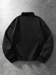 ROMWE MEN Men's Cross Slogan Print Long Sleeve Polo Shirt - Black - View 5