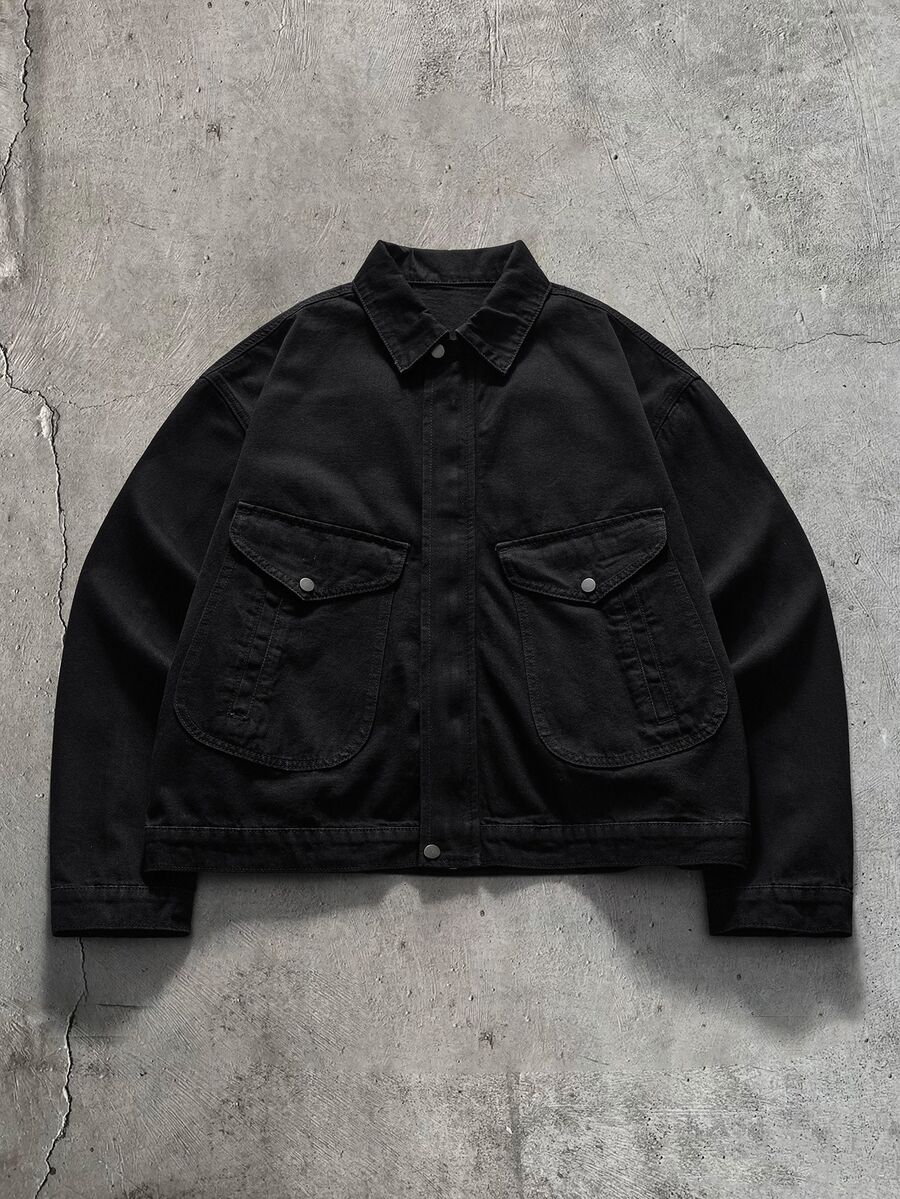 AXEPEAK Jaket Pria Warna Hitam Abu-abu dengan Resleting dan Kancing - Hitam - View 1