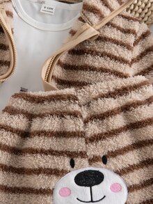 SHEIN 3件組男嬰棕色條紋熊刺繡連帽外套、白色印花連身衣、毛絨長褲套裝，可愛秋冬休閒親子套裝 - 彩色 - 查看 3