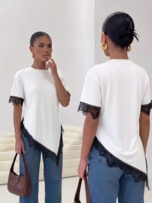 Firerie Women's Lace Patchwork Casual Versatile Daily Wear T-Shirt - Black and White - View 1