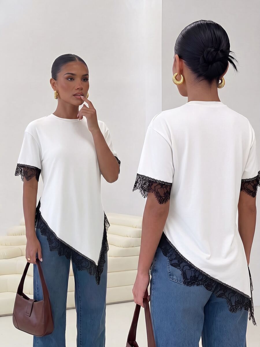 Firerie Women's Lace Patchwork Casual Versatile Daily Wear T-Shirt - Black and White - View 1