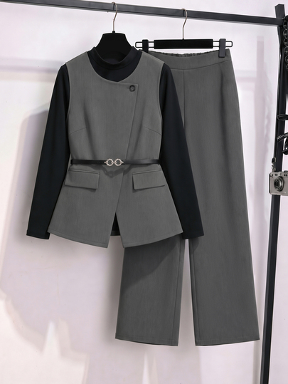 GlowEve CURVE Women's Plus Size Professional Asymmetrical Button Placket Round Neck Loose Sleeveless Vest With Fitted Black High Neck Long Sleeve Inner T-Shirt, Matching Gray Straight Leg Loose Casual Commute Suit Pants 3-Piece Set, Suitable For Spring And Autumn, Elegant Minimalist Commute Style, Women's Elegant Suit, Women's Office Wear, Women's Business Formal