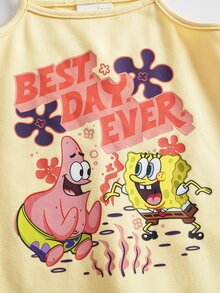 SpongeBob SquarePants | SHEIN 女嬰字母卡通印花休閒日常細肩帶連身褲 - 黃色 - 查看 4