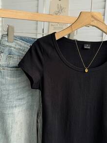 Tseoso Casual Minimalist Black Plus Size T-Shirt Cotton - Black - View 5