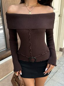 TRNVIE Sweater Rajut Lengan Panjang Musim Gugur/Musim Dingin yang Serbaguna dan Elegan, Model Bahu Terbuka dengan Hiasan Rumbai dan Pinggang Pas. - Coklat - View 1
