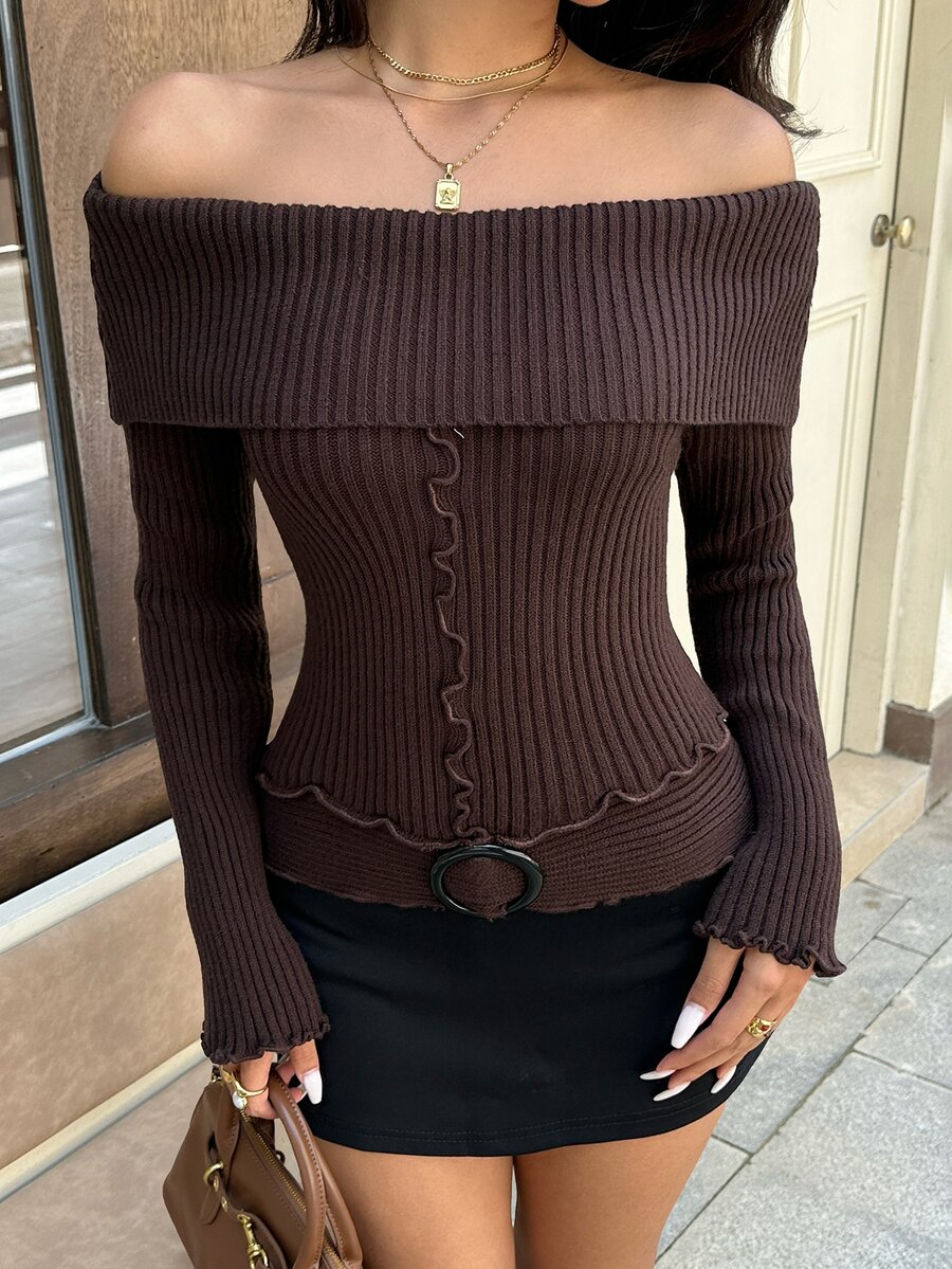 TRNVIE Sweater Rajut Lengan Panjang Musim Gugur/Musim Dingin yang Serbaguna dan Elegan, Model Bahu Terbuka dengan Hiasan Rumbai dan Pinggang Pas. - Coklat - View 1
