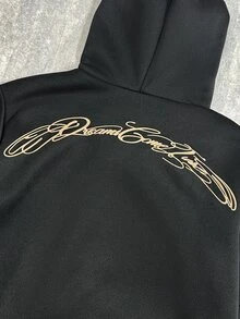 SHEIN 大童男孩袋鼠口袋落肩豹紋連帽衛衣，背面字母印花，休閒秋冬日常穿著 - 黑色 - 查看 5