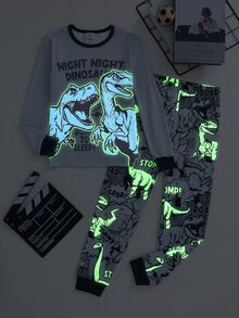 SHEIN 2件組兒童青少年男孩休閒日常舒適印花恐龍圖案圓領套頭睡衣上衣與長褲針織居家緊身套裝 - 灰色 - 查看 1