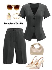Lavishia V-Neck Waist-Cinching Short Sleeve Blazer And Wide Leg Mid-Length Pants Set, Commuter Outfit, Suitable For Daily Wear - Dark Grey - View 1