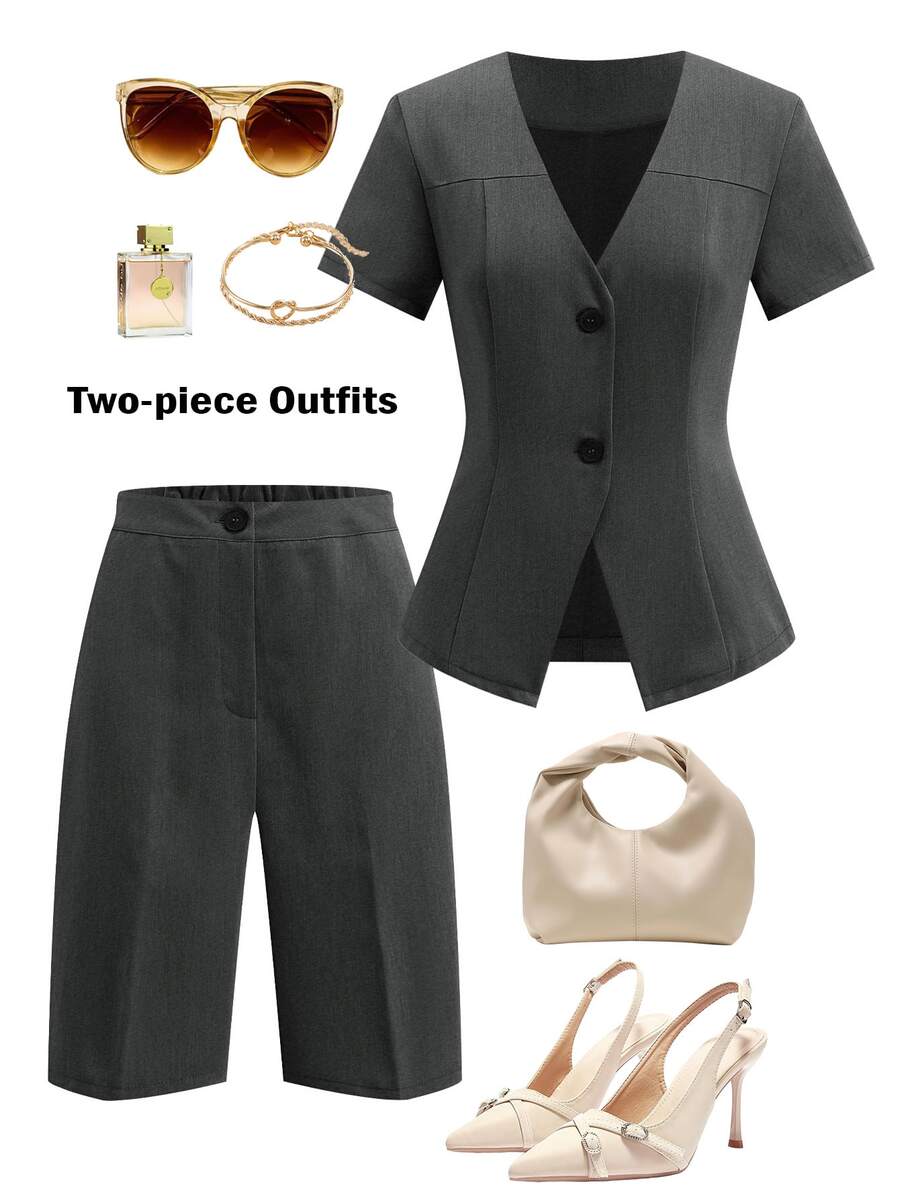 Lavishia V-Neck Waist-Cinching Short Sleeve Blazer And Wide Leg Mid-Length Pants Set, Commuter Outfit, Suitable For Daily Wear - Dark Grey - View 1