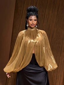 Maweii Plus Size Women's Sexy Metallic Split Hem Party Blouse - Gold - View 2