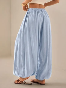 SHEIN PETITE 2026女款春夏度假系列：優雅橄欖綠寬鬆喇叭褲 - 藍色 - 查看 2