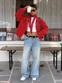 Muchica Spring/Summer Polka Dot Casual Versatile Commute Date Plus Size Jacket - Red - View 6