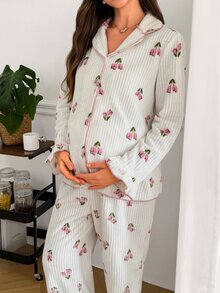 Moonlight&Mama Contrast Color Trim Ruffle Cuff & Hem Plush Striped Maternity Pajama Set - White - View 5