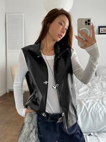 K-Vae Women's Black Zipper Front Casual PU Leather Vest Jacket - Black - View 1