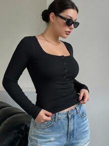 Dazy Plus Solid Color Fitted Sexy Long Sleeve Black Versatile Spring/Autumn New T-Shirt - Black - View 4