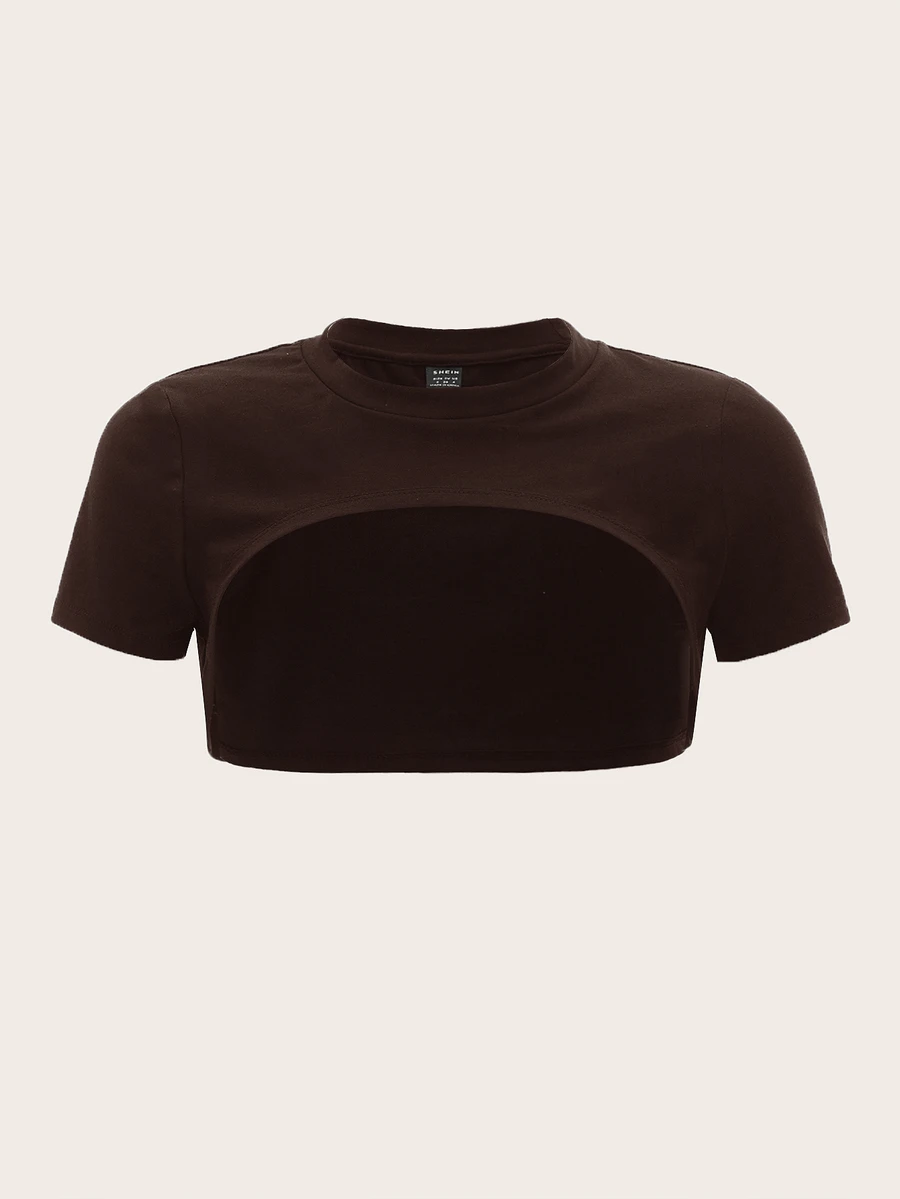 SHEIN ICON 女款圓領短袖短版針織素色上衣 - 棕色 - 查看 1