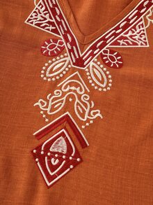 LUMIGAL Orange V-Neck Embroidered Women's Long Sleeve Casual Blouse - Redwood - View 4