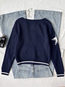 SHEIN Girlism 青少年女孩休閒數位提花針織秋季毛衣，極簡時尚，適合日常穿著，返校穿搭 - 藏蓝色 - 查看 6