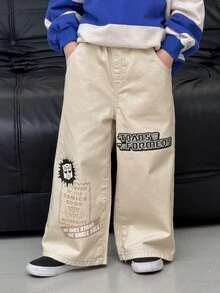 Transformers Evergreen X DAZY Young Boy Casual Daily Denim Jeans With Pocket And Letter Pattern - Khaki - View 1