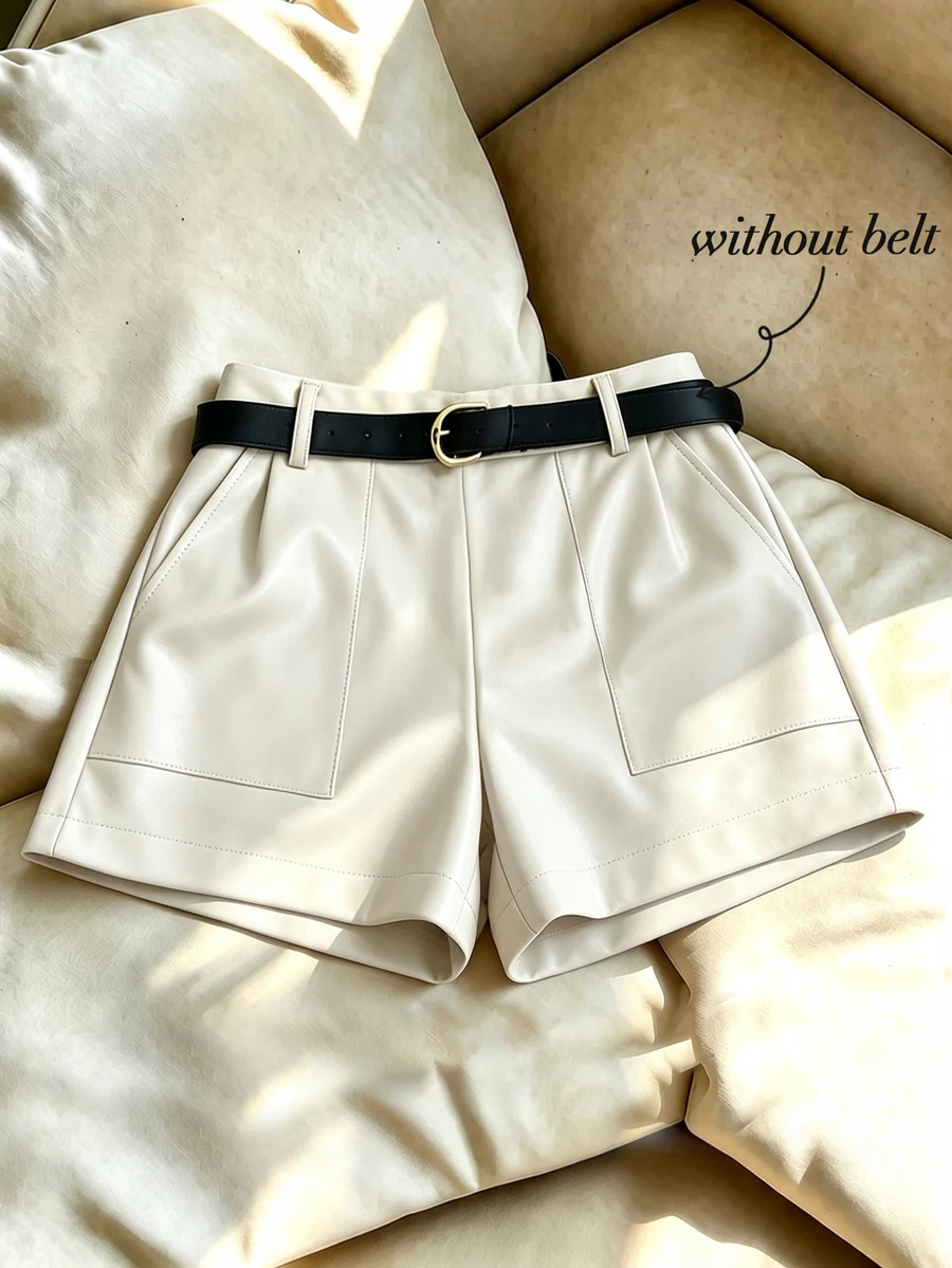 Selamara Women's Loose Beige Leather Shorts With Pockets And Elastic Waist - White - View 1