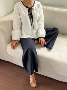 DAZY Autumn Elegant Contrast Color Tie Drawstring Petal Sleeve Women's Pajama Set - White - View 10