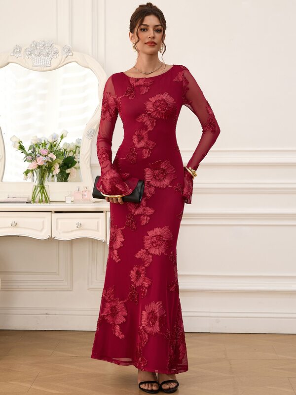 EastFlair Women's Elegant Party Floral Embroidered Mermaid Tail Dress
