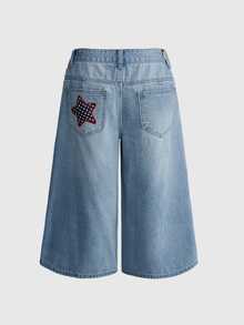 ROMWE Avant Y2K Street Casual Plaid Fun Star Embroidery Low Waist Retro Women's Cropped Wide Leg Denim Jeans - Blue - View 2