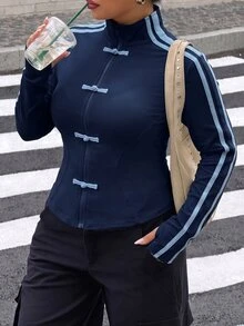 Muchica Navy Blue Casual Women's Plus Size Jacket With Frog Button Design And Zipper Front Fall - Navy Blue - View 4