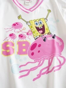SpongeBob SquarePants | SHEIN Young Girl V-Neck Short Sleeve Casual Versatile T-Shirt - White - View 6