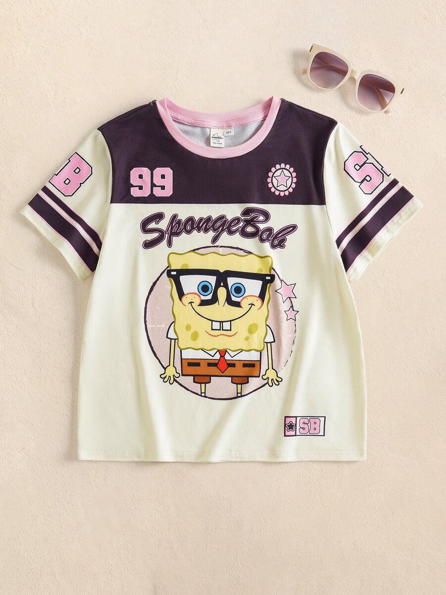 SpongeBob SquarePants | SHEIN تي شيرت كاجوال بطبعة حروف وياقة دائرية وأكمام قصيرة للفتيات المراهقات - لون مشمشي - مشاهدة 1