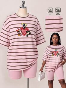 Slaydiva THE POWERPUFF GIRLS X SHEIN 大尺碼卡通印花條紋短袖上衣與短褲休閒日常套裝 - 彩色 - 查看 6