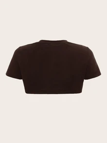 SHEIN ICON 女款圓領短袖短版針織素色上衣 - 棕色 - 查看 2
