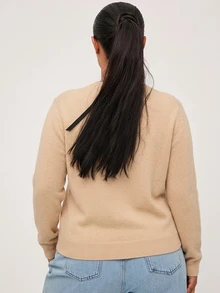 SHEIN BASICS 休閒純色長袖開襟針織衫，大尺碼秋冬服飾 - 杏色 - 查看 2