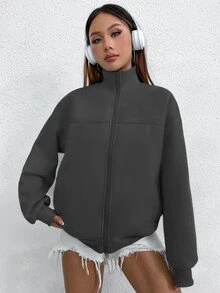 SHEIN Unity 女款純色休閒百搭日常穿著長袖運動衫 - 深灰色 - 查看 6