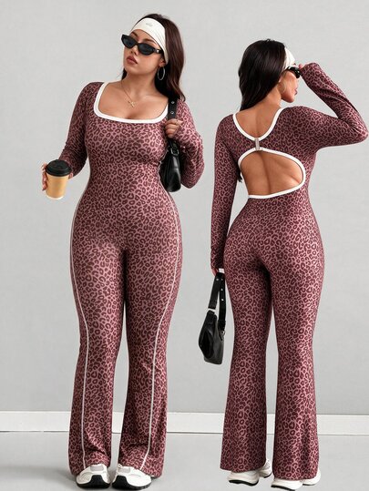 SHEIN Sovereign Charm 2026 New Plus Size Women's Sports Jumpsuit Leopard Print Random Pattern Back Cutout Casual Sexy Women's Sports Jumpsuit