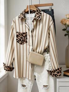Franclia Women's Plus Size Leopard Print Patchwork Striped Shirt - Multicolor - View 1